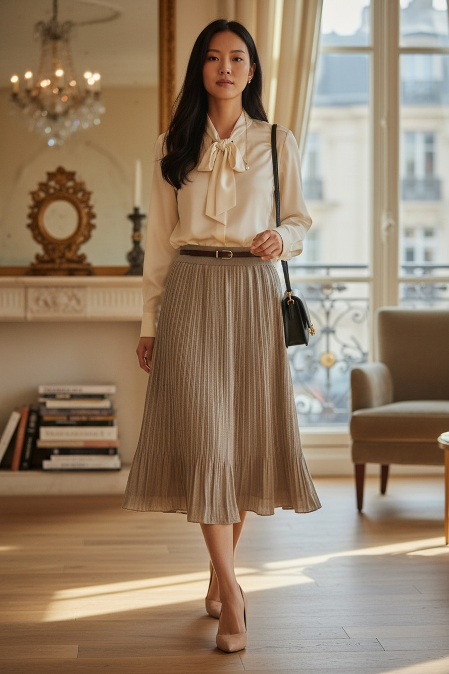 Metrowear Petite Metallic Pleated Midi Skirt Taupe Shimmer Size Petite L - NWT